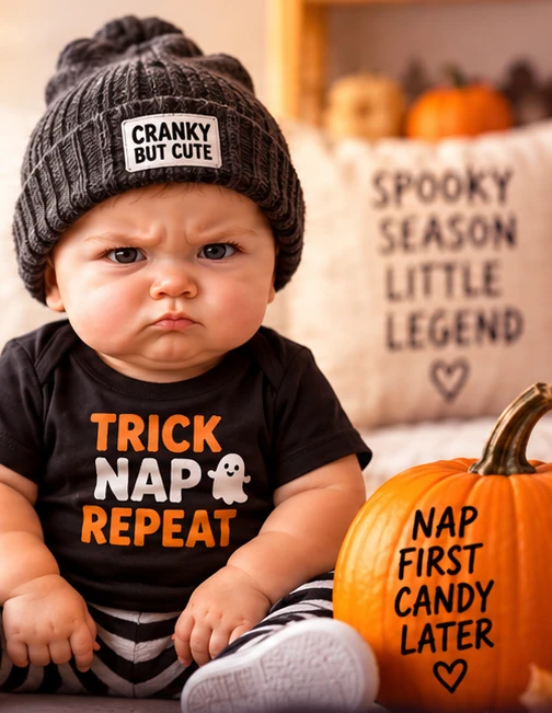 Cranky baby in a beanie and Trick Nap Repeat bodysuit beside a pumpkin